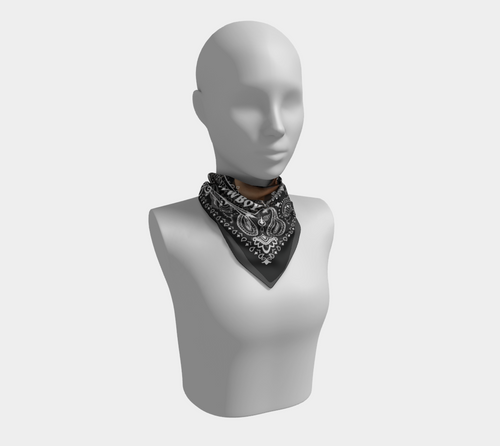 Mannequin wearing a dark grey bandana on a white background