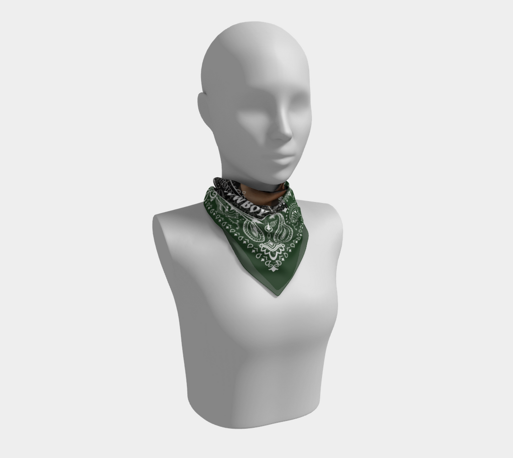 Mannequin head wearing a green bandana on a white background
