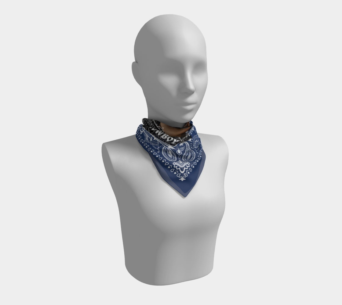 Mannequin head wearing a blue bandana with a pattern on a white background