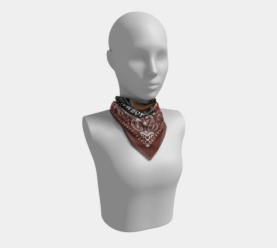 Mannequin head wearing a brown bandana with black text on a white background