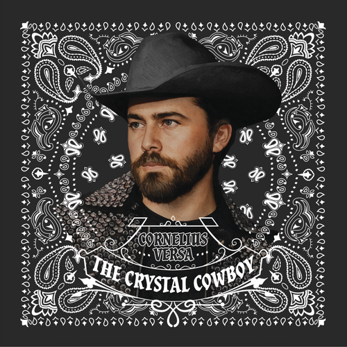 Man wearing a cowboy hat with decorative bandana pattern on a dark grey background featuring text 'Cornelius Versa The Crystal Cowboy' 