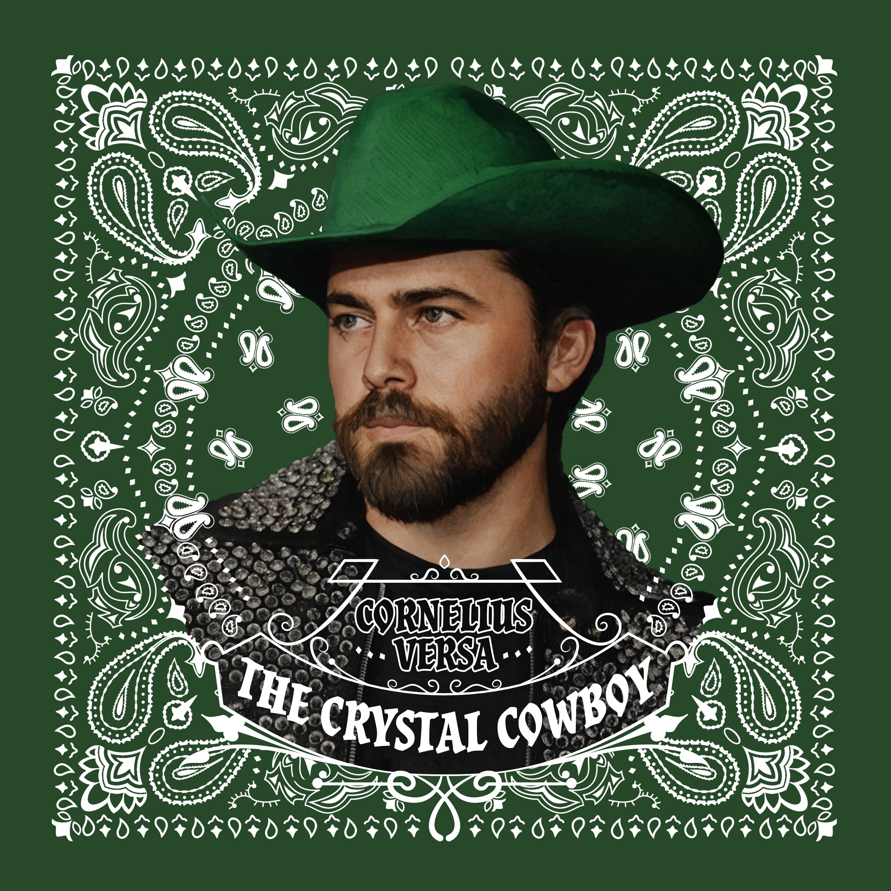 Man wearing a green cowboy hat with decorative patterns on a green background featuring text 'Cornelius Versa The Crystal Cowboy'.