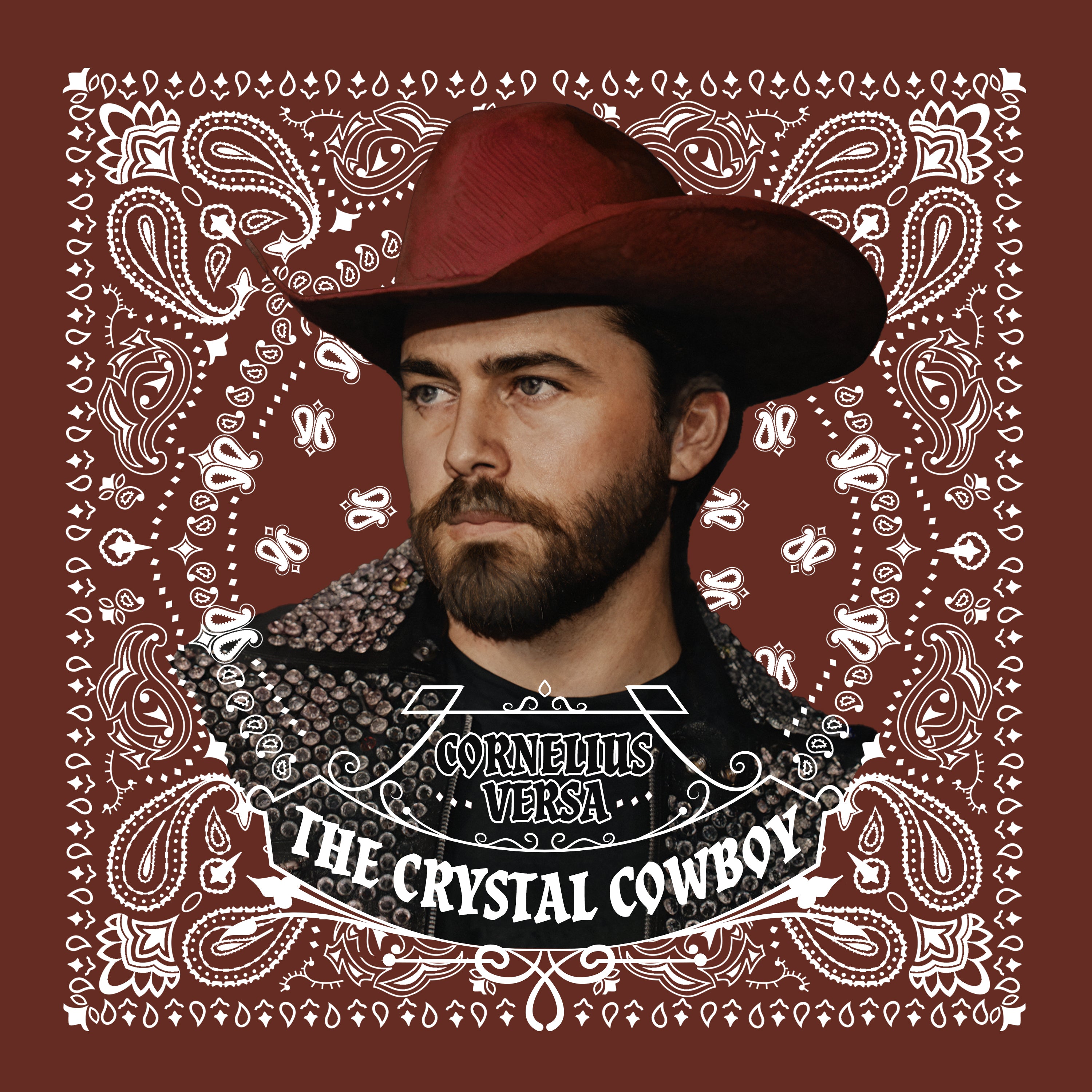 Man wearing a red cowboy hat with decorative bandana pattern on Rust background featuring text 'Cornelius Versa The Crystal Cowboy'.