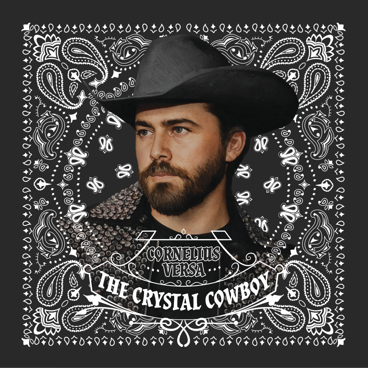 CD Album Cover of a man wearing a cowboy hat with decorative bandana pattern and text 'Cornelius Versa The Crystal Cowboy' on a black background.