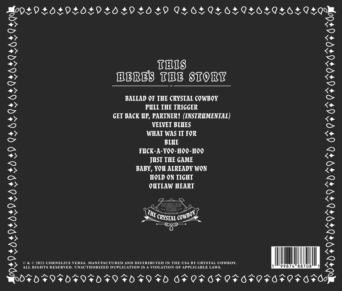 Back cover of a music album with tracklist and decorative border