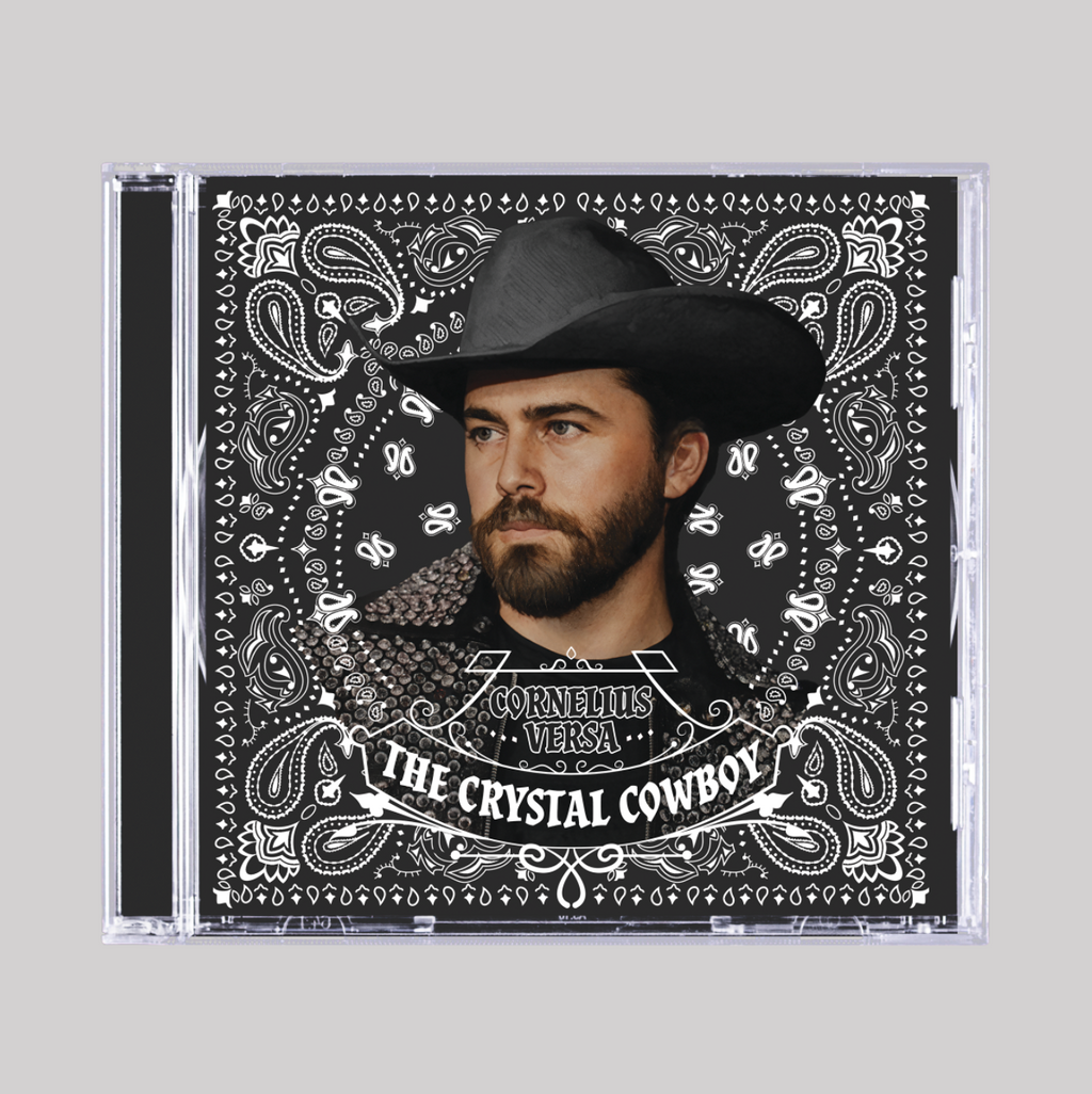 CD cover with a person wearing a cowboy hat and bandana, featuring decorative patterns and text.