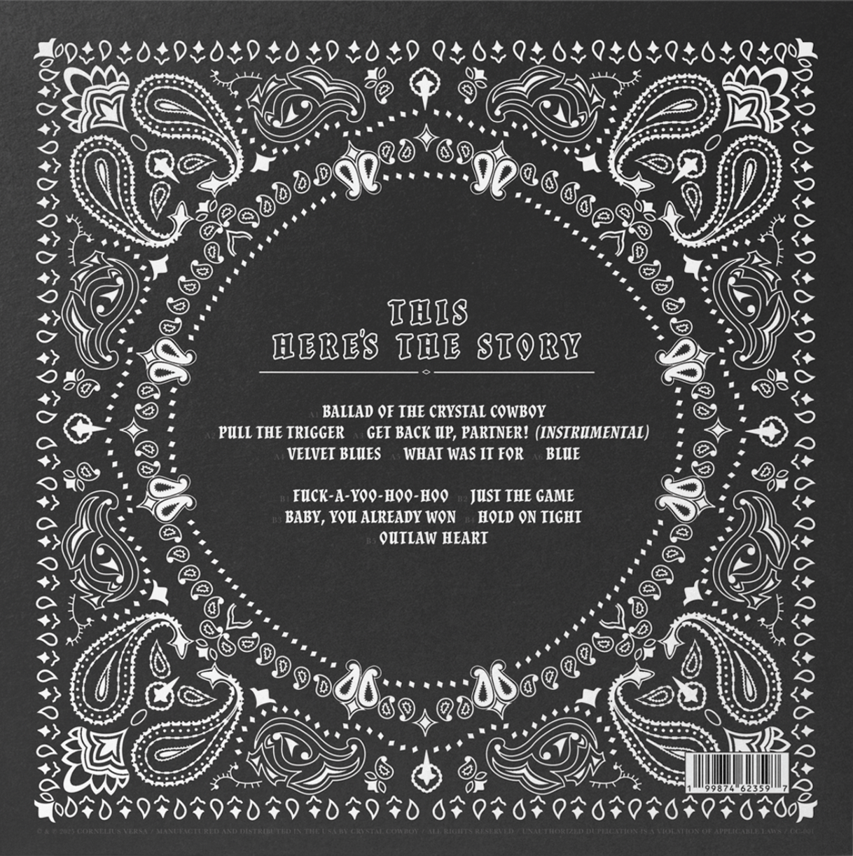 Album cover with bandana design and tracklist on a dark grey background