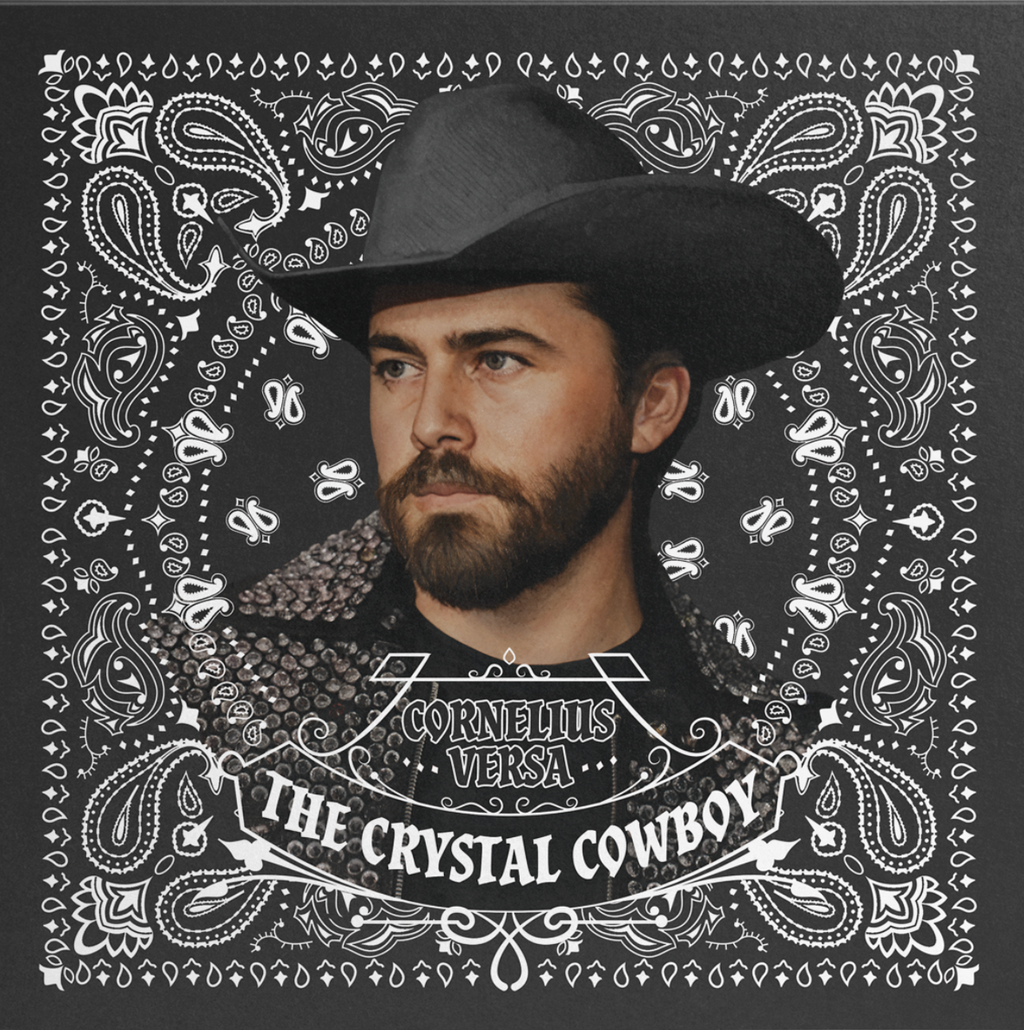 Album Cover of a Man wearing a cowboy hat with decorative bandana pattern and text overlay on a dark grey background