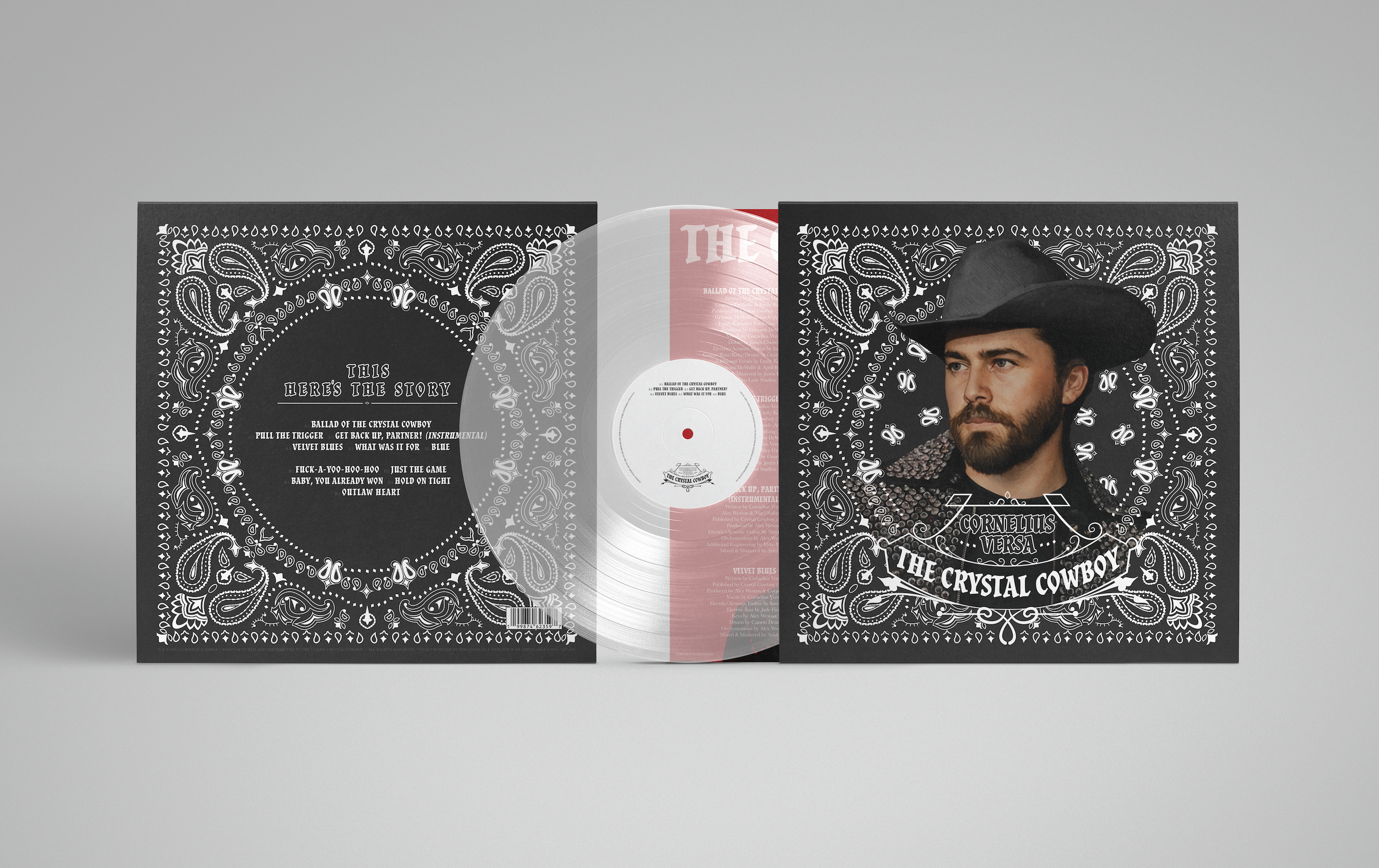 Vinyl record with decorative cover featuring a cowboy illustration on a dark gray background